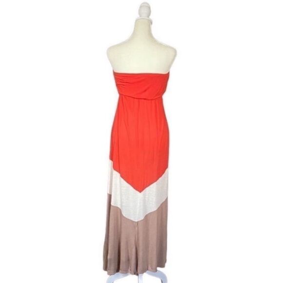 Love Culture Orange & Tan Chevron Color Block Strapless Maxi Summer Dress Medium - Picture 4 of 10